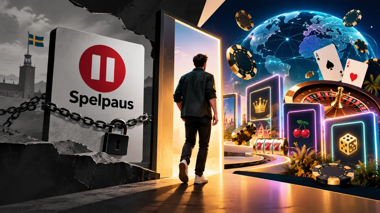 Swedish Spelpaus restriction sign beside a player entering the international online casino world, illustrating when Spelpaus does not apply.