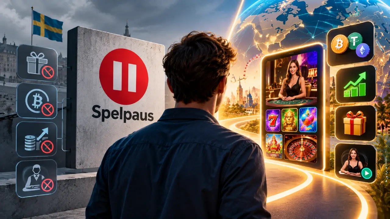 Swedish player comparing Spelpaus restrictions with foreign-licensed casinos offering crypto payments, bigger bonuses, higher withdrawal limits and more live casino games.