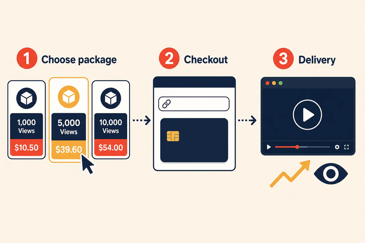 Three steps to buy YouTube views on BoostMe.com, from package to delivery
